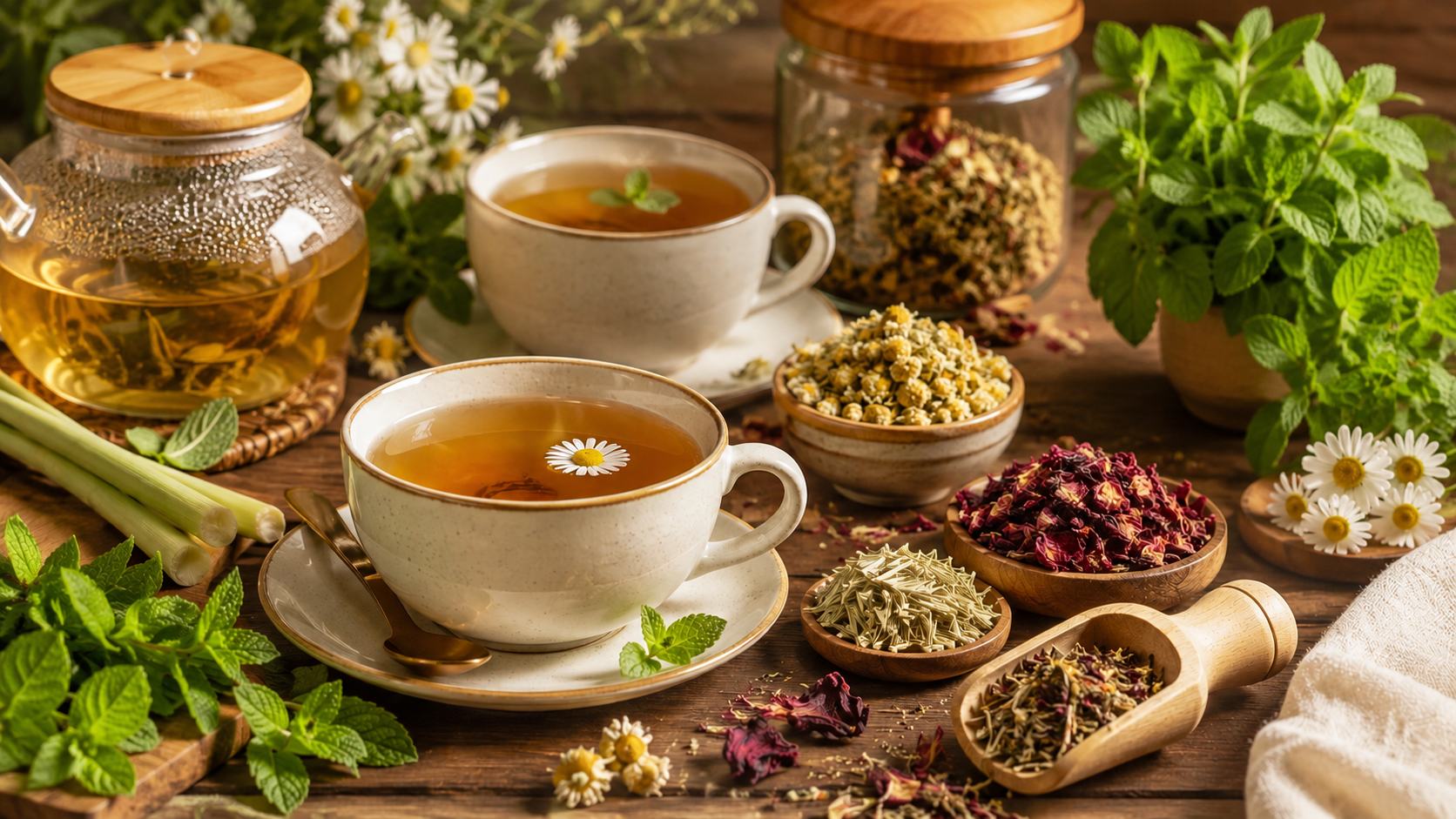 Premium herbal tea brands India featuring herbal infusions made with chamomile, hibiscus, peppermint, and natural botanicals.