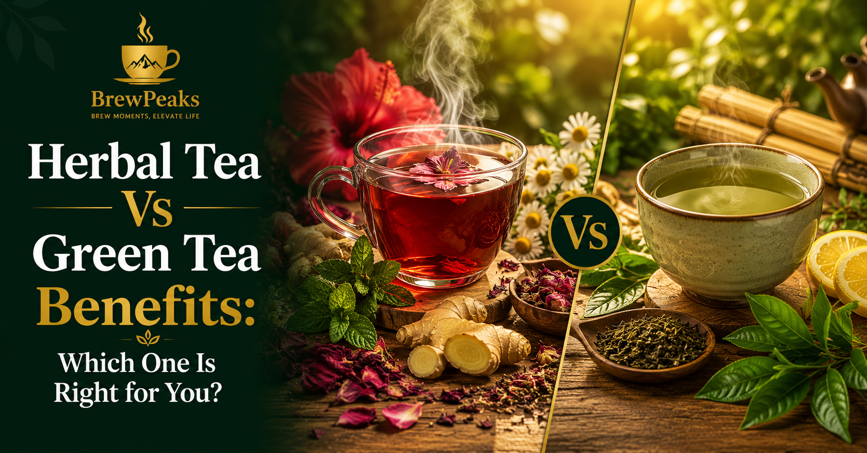 Comparison of herbal tea and green tea with natural ingredients, fresh herbs, and premium wellness beverages.